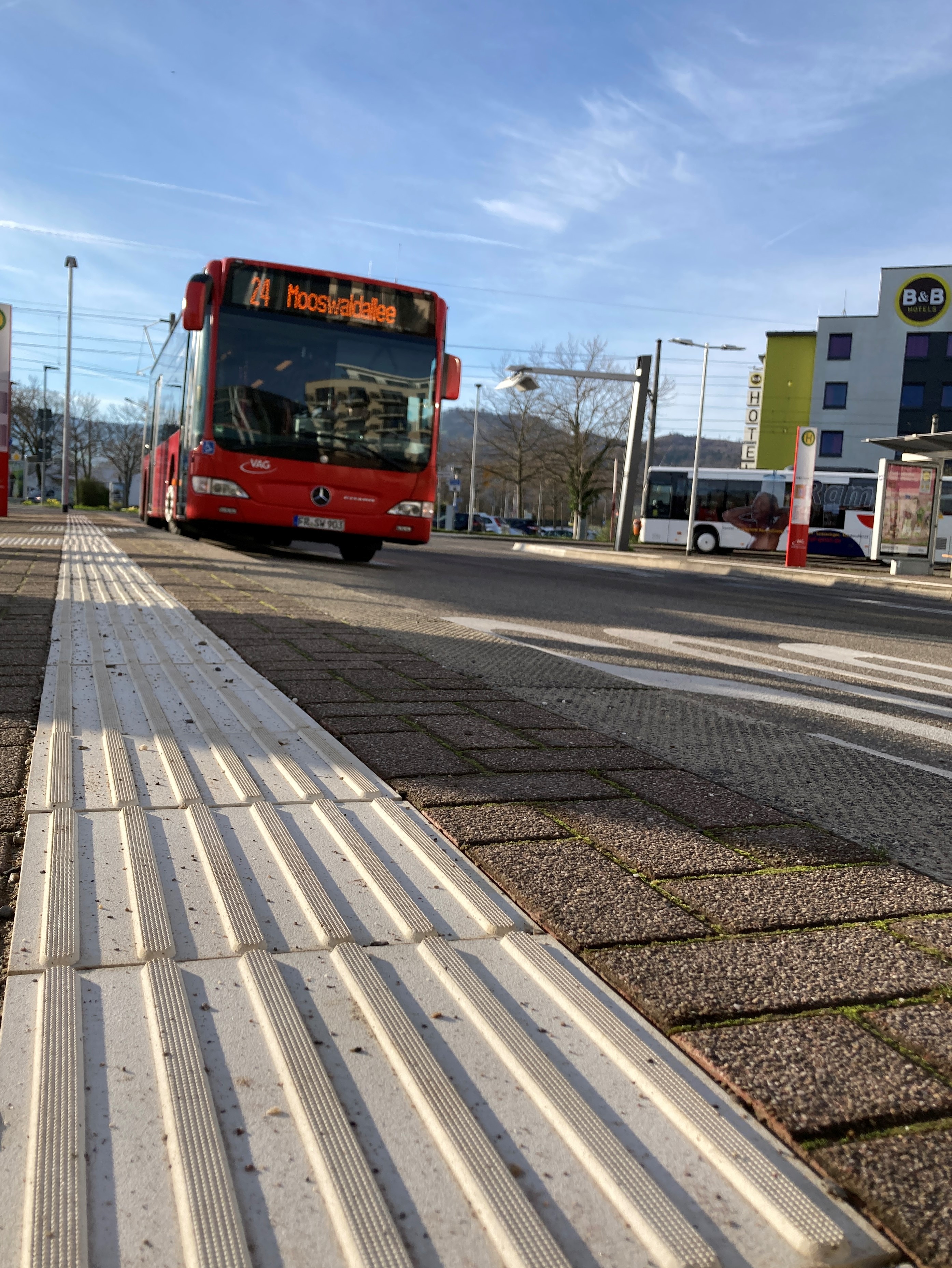 Das Bild zeigt den hellen, geriffelten Leitstreifen für in der Sehfähigkeit eingeschränke Personen